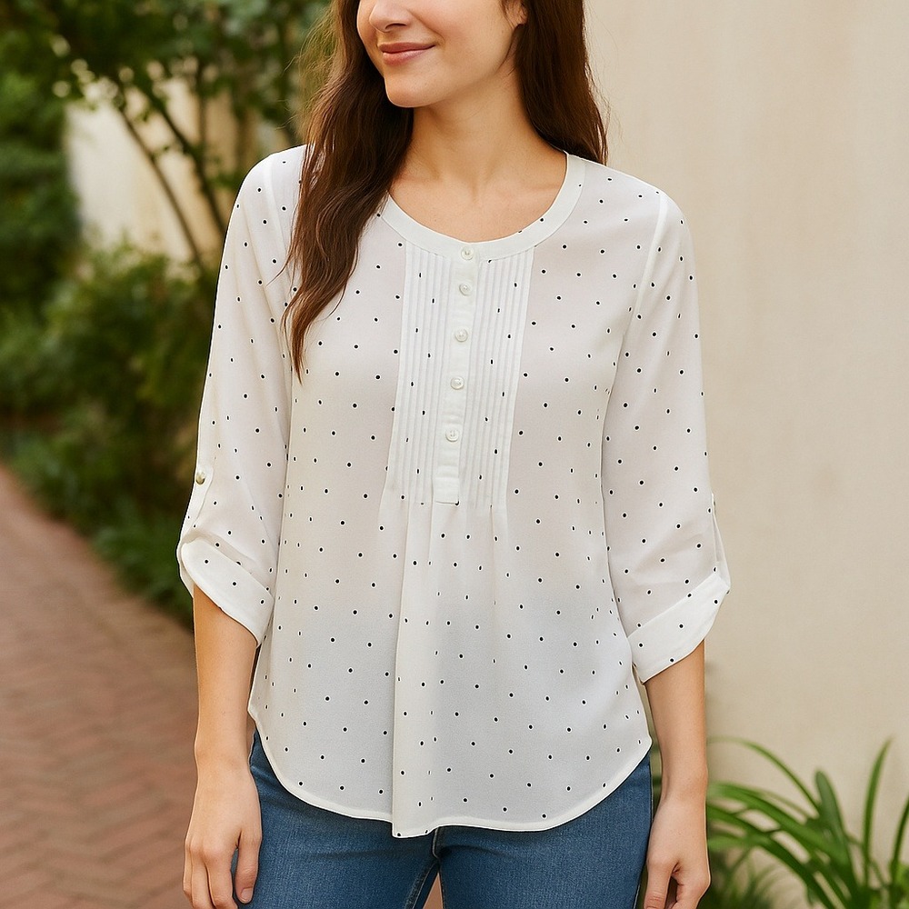 Daniel Rainn Women's Sz XS White Sheer Polka Dot Pintuck Blouse Romantic Classic